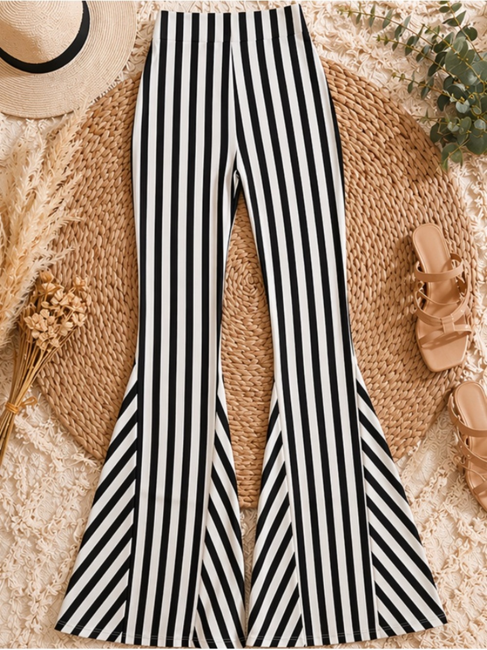 ANDREE BY UNIT Black & White Vertical Stripe Flare Pants